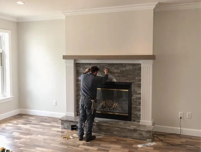 Cape Coral Chimney Sweep finishing a custom fireplace install in Cape Coral, FL